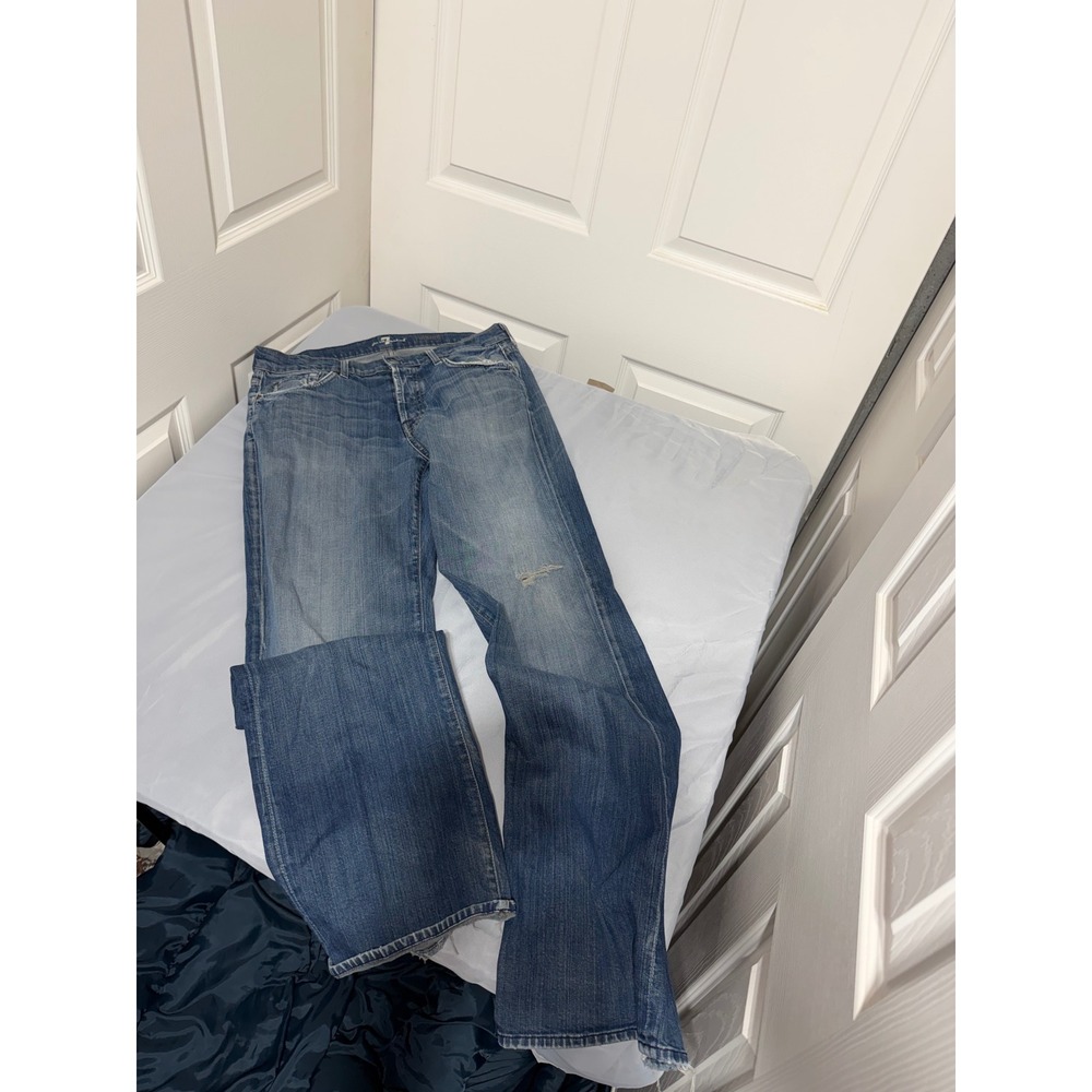 7 For All Mankind Relaxed Straight Leg Jeans Medium Wash Distressed Blue Denim
